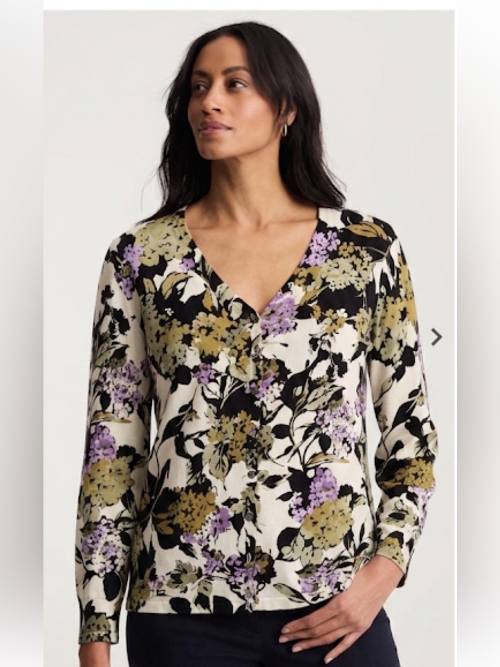 Floral V-Neck Long Sleeve Blouse in Cream, Black & Lavender